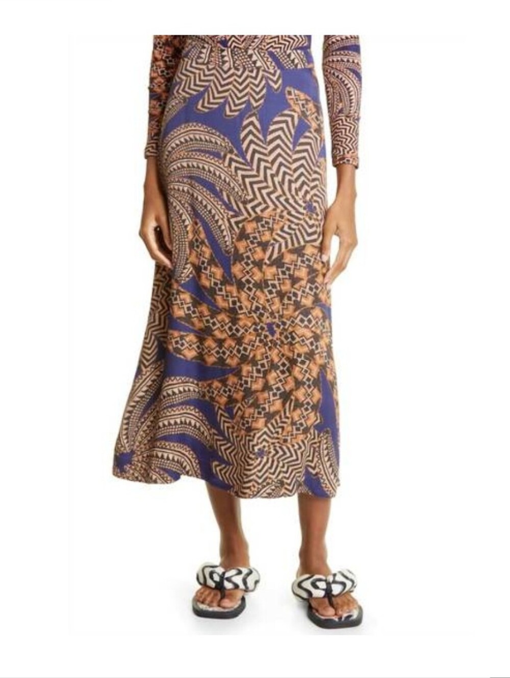 Geometric Midi Skirt in Blue & Brown Size Medium